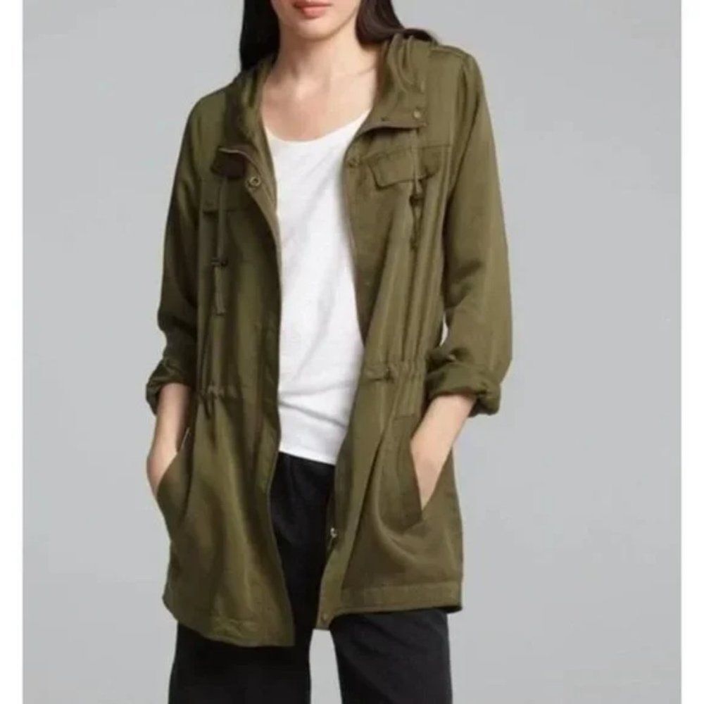 Eileen Fisher army green utility long hooded jacket size XS